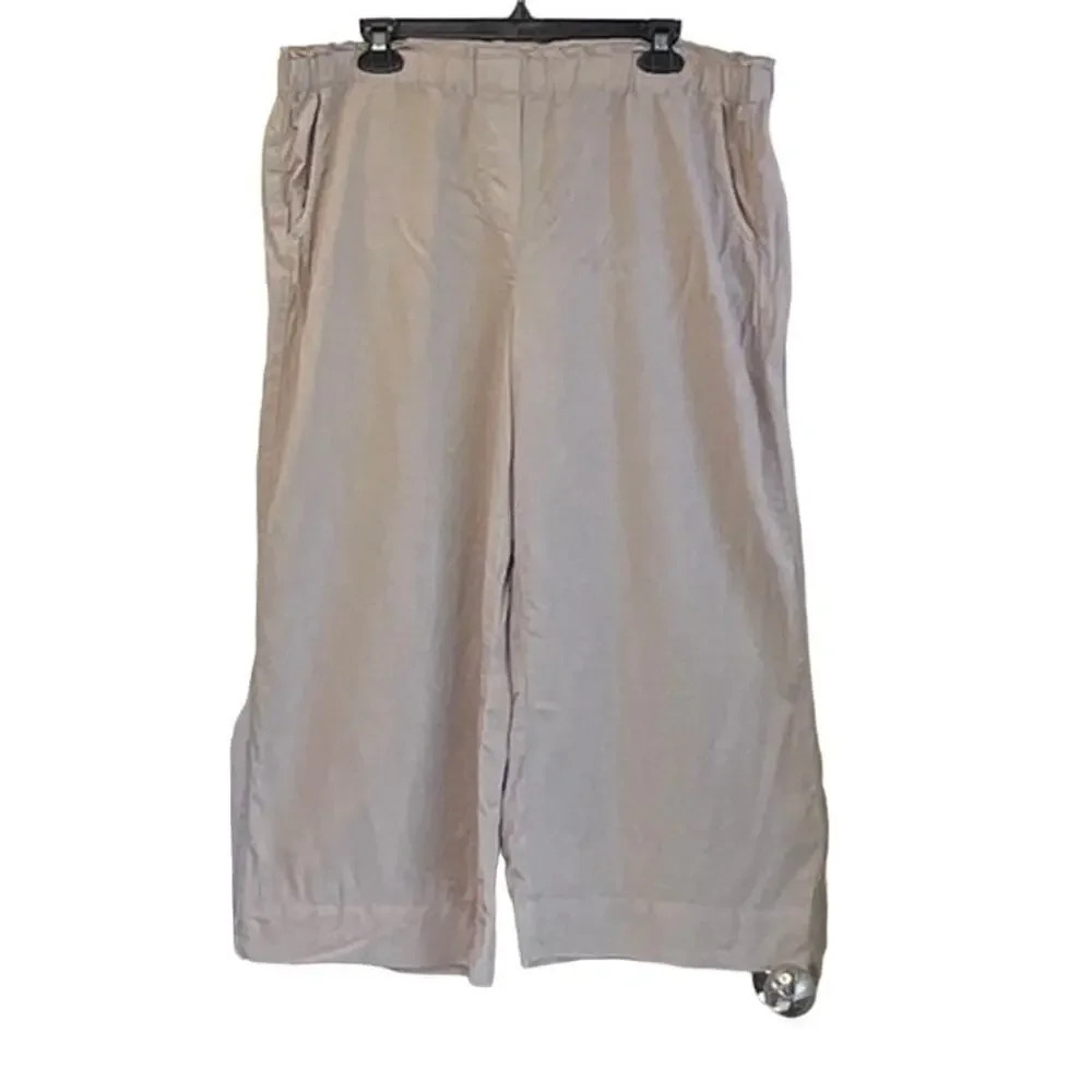 PURE JILL Womens L Khaki Elastic Waist Wide Leg 100% Lyocell Pants